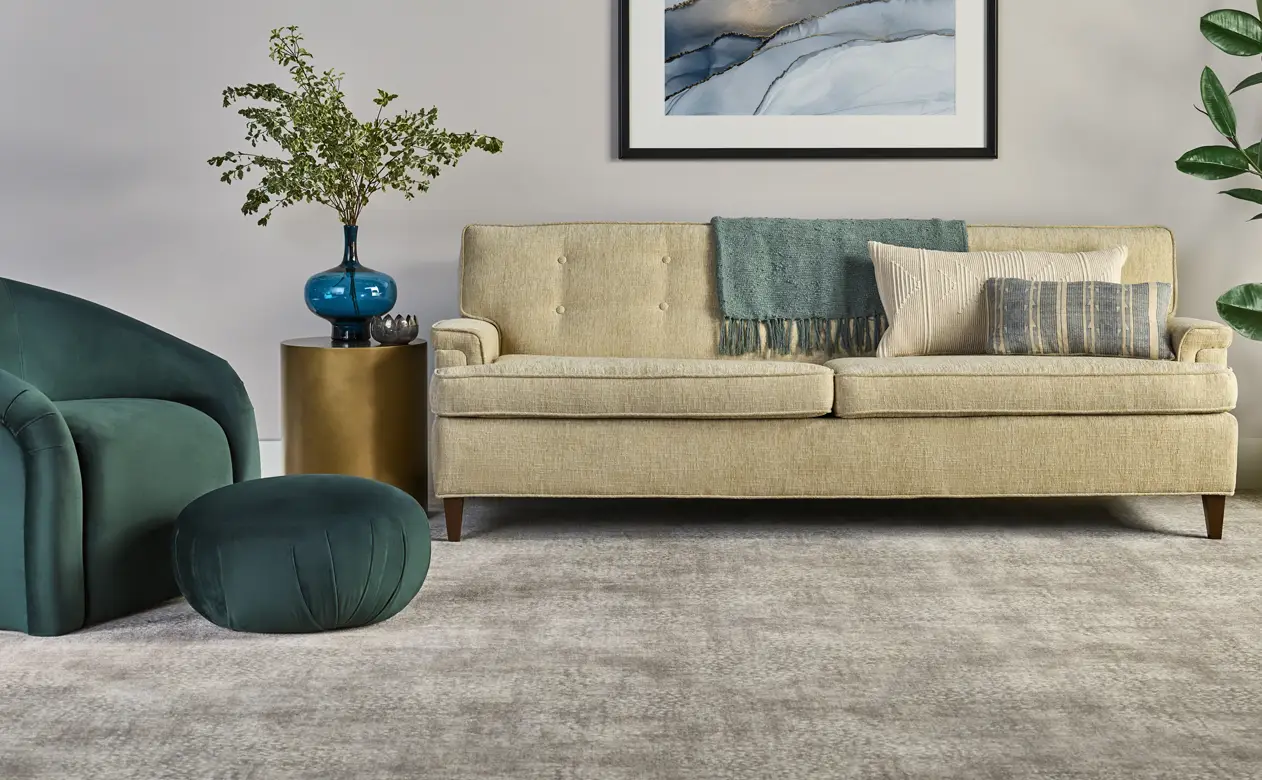 greige patterned plush carpet in living room